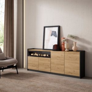 wohnli-moebel-suche-M26030098-1 Sideboard Holzeffekt eiche schwarz 210x37x80cm Kamin mit Feuereffekt 210x80x37cm Spanplatte Beige Skraut home Möbel Esszimmermöbel Sideboards, Highboards & niedrige Anrichten
