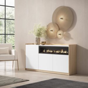 wohnli-moebel-suche-M26030103-1 Sideboard Holzeffekt weiß soft eiche 157x37cm Kamin mit Feuereffekt 157x80x37cm Spanplatte Weiß Skraut home Möbel Esszimmermöbel Sideboards, Highboards & niedrige Anrichten