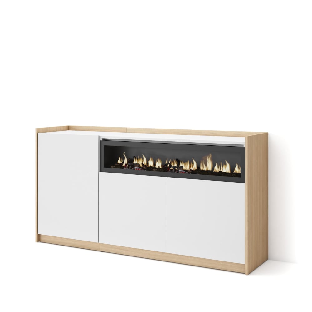 wohnli-moebel-suche-M26030103 Wohnli Möbelsuche - Sideboard Holzeffekt weiß soft eiche 157x37cm Kamin mit Feuereffekt