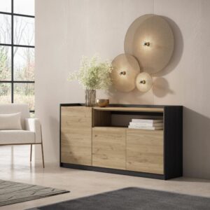 Sideboard Holzeffekt eiche und schwarz 157x37x80cm 157x80x37cm Spanplatte Beige Skraut home Möbel Esszimmermöbel Sideboards, Highboards & niedrige Anrichten