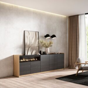 wohnli-moebel-suche-M26030106-1 Sideboard Holzeffekt schwarz eiche 263x37x80cm Kamin mit Feuereffekt 263x80x37cm Spanplatte Schwarz Skraut home Möbel Esszimmermöbel Sideboards, Highboards & niedrige Anrichten