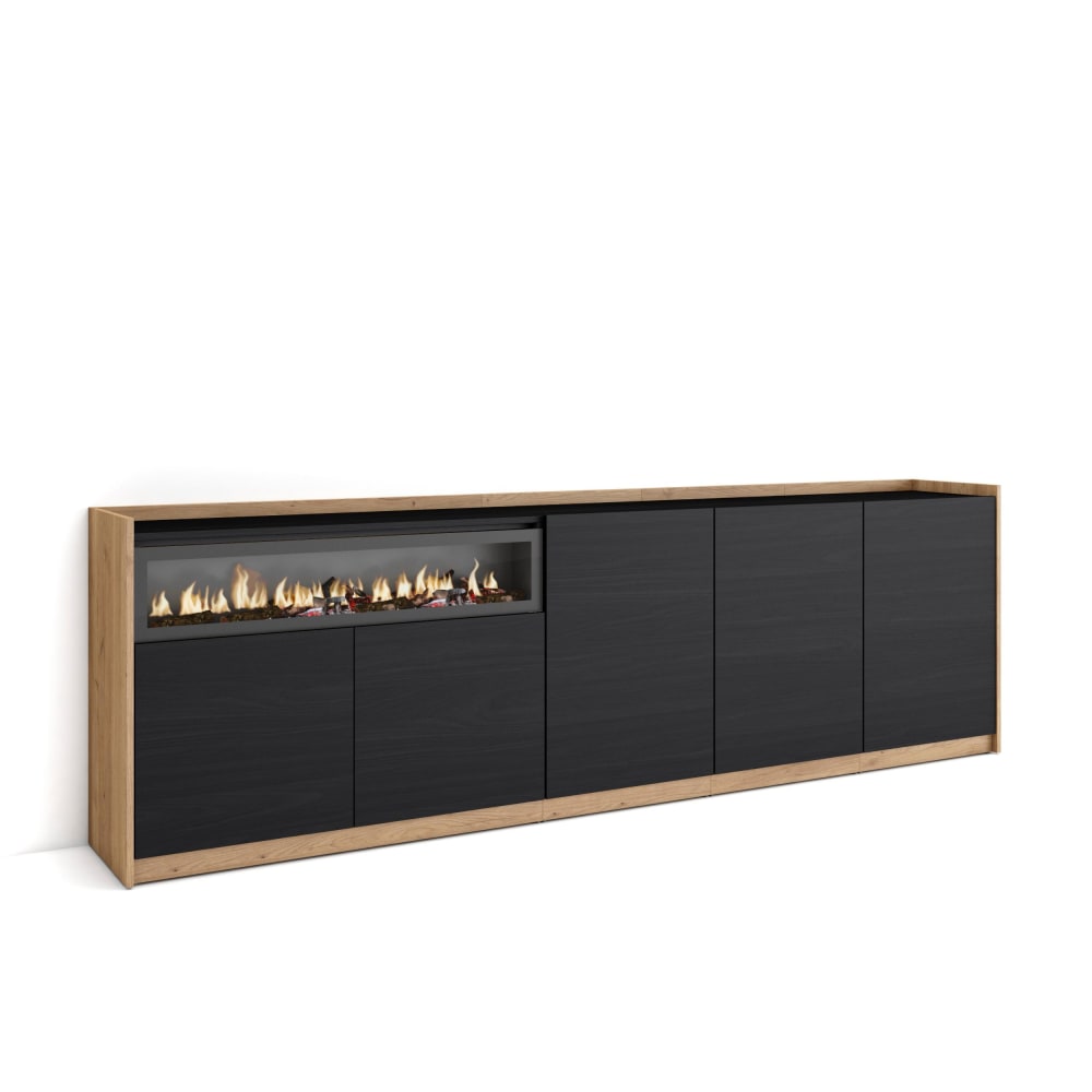 wohnli-moebel-suche-M26030106 Wohnli Möbelsuche - Sideboard Holzeffekt schwarz eiche 263x37x80cm Kamin mit Feuereffekt