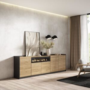 wohnli-moebel-suche-M26030107-1 Sideboard Holzeffekt eiche schwarz 263x37x80cm Kamin mit Feuereffekt 263x80x37cm Spanplatte Beige Skraut home Möbel Esszimmermöbel Sideboards, Highboards & niedrige Anrichten