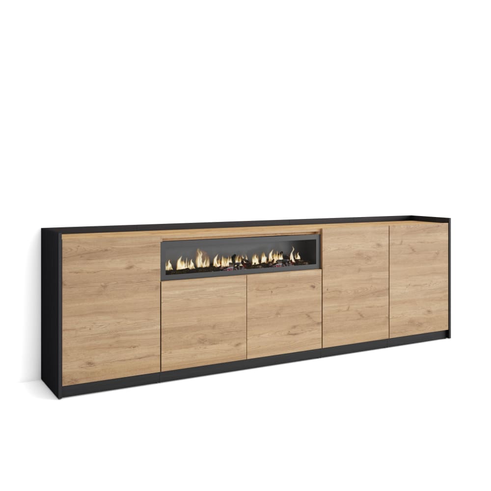 wohnli-moebel-suche-M26030107 Wohnli Möbelsuche - Sideboard Holzeffekt eiche schwarz 263x37x80cm Kamin mit Feuereffekt