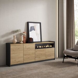 wohnli-moebel-suche-M26030109-1 Sideboard Holzeffekt eiche schwarz 210x37x80cm Kamin mit Feuereffekt 210x80x37cm Spanplatte Beige Skraut home Möbel Esszimmermöbel Sideboards, Highboards & niedrige Anrichten