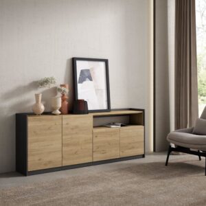 Sideboard Holzeffekt eiche und schwarz 210x37x80cm 210x80x37cm Spanplatte Beige Skraut home Möbel Esszimmermöbel Sideboards, Highboards & niedrige Anrichten