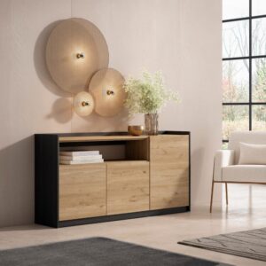 wohnli-moebel-suche-M26030114-1 Sideboard Holzeffekt eiche und schwarz 157x37x80cm 157x80x37cm Spanplatte Beige Skraut home Möbel Esszimmermöbel Sideboards, Highboards & niedrige Anrichten