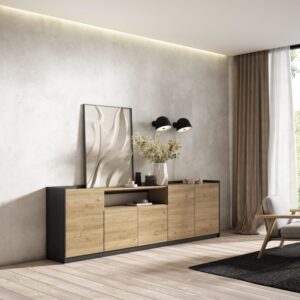 wohnli-moebel-suche-M26030118-1 Sideboard Holzeffekt eiche und schwarz 263x37x80cm 263x80x37cm Spanplatte Beige Skraut home Möbel Esszimmermöbel Sideboards, Highboards & niedrige Anrichten