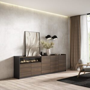 wohnli-moebel-suche-M26030119-1 Sideboard Holzeffekt Eiche schwarz 263x37x80cm Kamin mit Feuereffekt 263x80x37cm Spanplatte Braun Skraut home Möbel Esszimmermöbel Sideboards, Highboards & niedrige Anrichten
