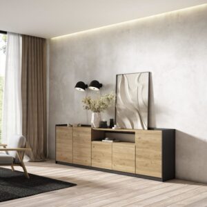 wohnli-moebel-suche-M26030124-1 Sideboard Holzeffekt eiche und schwarz 263x37x80cm 263x80x37cm Spanplatte Beige Skraut home Möbel Esszimmermöbel Sideboards, Highboards & niedrige Anrichten