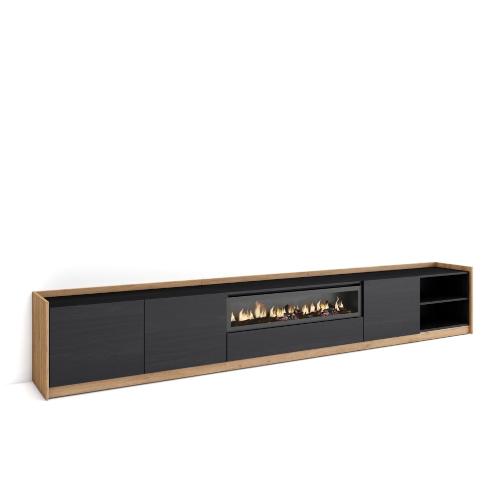 Wohnli Möbelsuche - TV-Möbel Holzeffekt schwarz eiche 310x37x50cm Kamin mit Feuereffekt