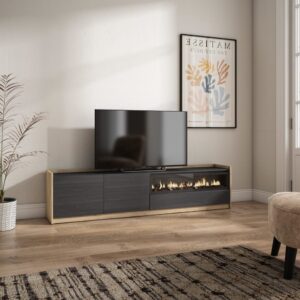 wohnli-moebel-suche-M26030129-1 TV-Möbel Holzeffekt schwarz eiche 208x37x50cm Kamin mit Feuereffekt 210x50x37cm Spanplatte Schwarz Skraut home Möbel Wohnzimmermöbel TV-Möbel
