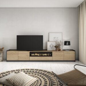 TV-Möbel Holzeffekt eiche schwarz 310x37x50cm Kamin mit Feuereffekt 310x50x37cm Spanplatte Beige Skraut home Möbel Wohnzimmermöbel TV-Möbel
