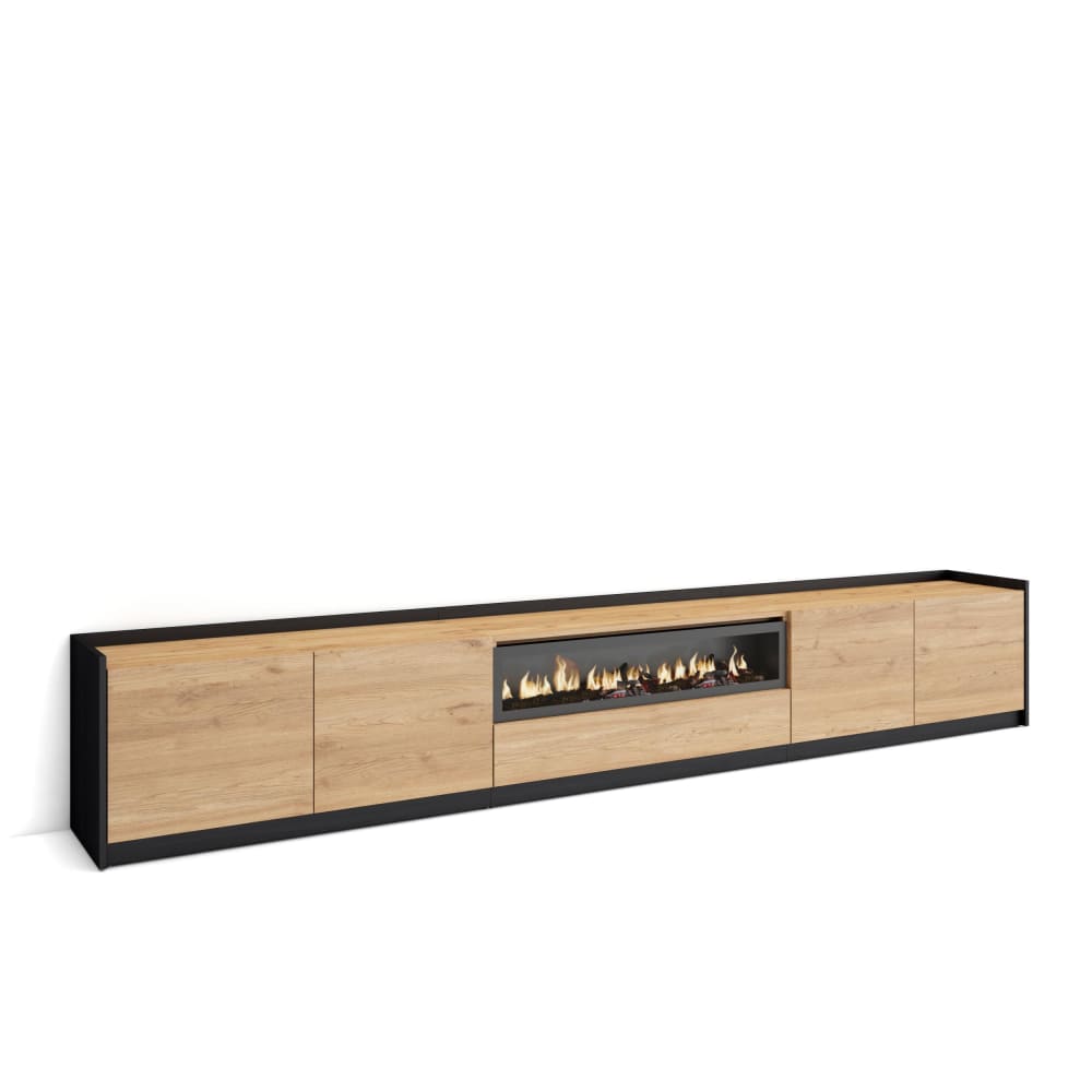 Wohnli Möbelsuche - TV-Möbel Holzeffekt eiche schwarz 310x37x50cm Kamin mit Feuereffekt