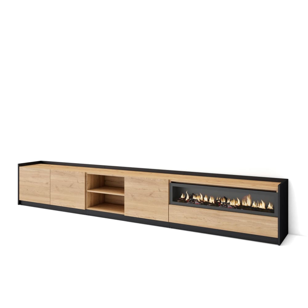 Wohnli Möbelsuche - TV-Möbel Holzeffekt eiche schwarz 310x37x50cm Kamin mit Feuereffekt