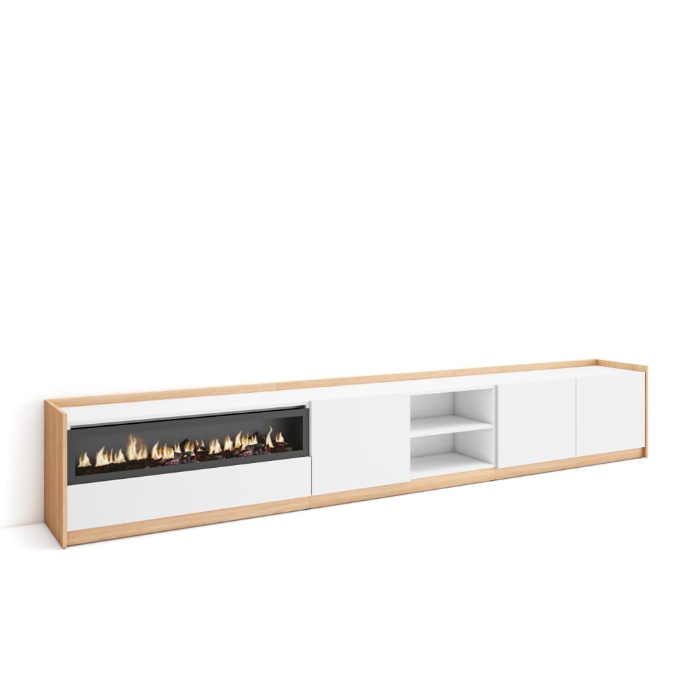 Wohnli Möbelsuche - TV-Möbel Holzeffekt weiß dunkler eiche 310x37x50 Kamin mit Feuereffekt