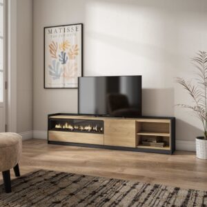 wohnli-moebel-suche-M26030141-1 TV-Möbel Holzeffekt eiche schwarz 208x37x50cm Kamin mit Feuereffekt 210x50x37cm Spanplatte Beige Skraut home Möbel Wohnzimmermöbel TV-Möbel