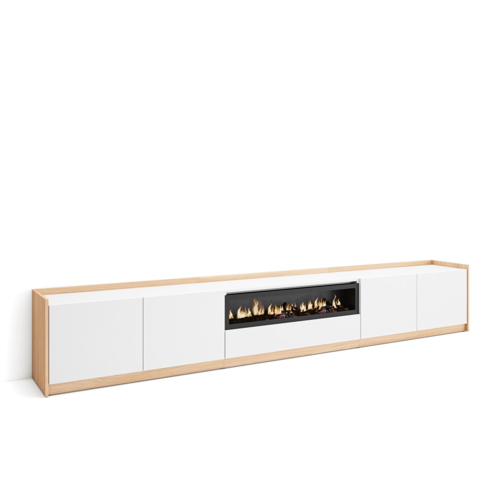 Wohnli Möbelsuche - TV-Möbel Holzeffekt weiß dunkler eiche 310x37x50 Kamin mit Feuereffekt