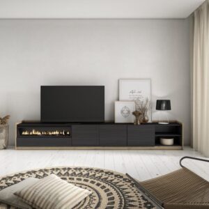 TV-Möbel Holzeffekt schwarz eiche 310x37x50cm Kamin mit Feuereffekt 310x50x37cm Spanplatte Schwarz Skraut home Möbel Wohnzimmermöbel TV-Möbel