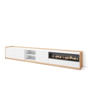 Wohnli Möbelsuche - TV-Möbel Holzeffekt weiß dunkler eiche 310x37x50 Kamin mit Feuereffekt