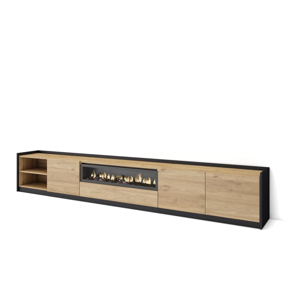 Wohnli Möbelsuche - TV-Möbel Holzeffekt eiche schwarz 310x37x50cm Kamin mit Feuereffekt