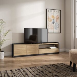 wohnli-moebel-suche-M26030160-1 TV-Möbel Holzeffekt eiche und schwarz 208x37x50cm 210x50x37cm Spanplatte Beige Skraut home Möbel Wohnzimmermöbel TV-Möbel