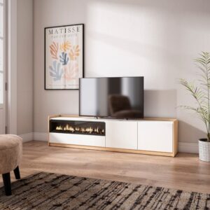 TV-Möbel Holzeffekt weiß dunkler eiche 208x37x50 Kamin mit Feuereffekt 210x50x37cm Spanplatte Weiß Skraut home Möbel Wohnzimmermöbel TV-Möbel