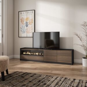 TV-Möbel Holzeffekt Eiche schwarz 208x37x50cm Kamin mit Feuereffekt 210x50x37cm Spanplatte Braun Skraut home Möbel Wohnzimmermöbel TV-Möbel