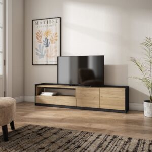 TV-Möbel Holzeffekt eiche und schwarz 208x37x50cm 210x50x37cm Spanplatte Beige Skraut home Möbel Wohnzimmermöbel TV-Möbel