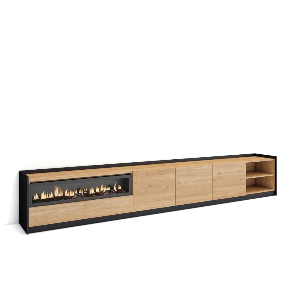 Wohnli Möbelsuche - TV-Möbel Holzeffekt eiche schwarz 310x37x50cm Kamin mit Feuereffekt