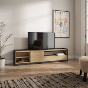 TV-Möbel Holzeffekt eiche und schwarz 208x37x50cm 210x50x37cm Spanplatte Beige Skraut home Möbel Wohnzimmermöbel TV-Möbel