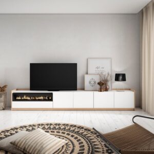 TV-Möbel Holzeffekt weiß dunkler eiche 310x37x50 Kamin mit Feuereffekt 310x50x37cm Spanplatte Weiß Skraut home Möbel Wohnzimmermöbel TV-Möbel