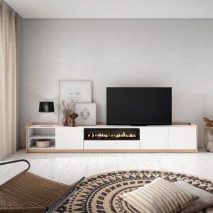 TV-Möbel Holzeffekt weiß dunkler eiche 310x37x50 Kamin mit Feuereffekt 310x50x37cm Spanplatte Weiß Skraut home Möbel Wohnzimmermöbel TV-Möbel