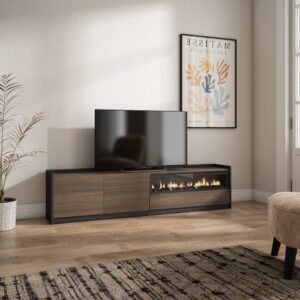 TV-Möbel Holzeffekt Eiche schwarz 208x37x50cm Kamin mit Feuereffekt 210x50x37cm Spanplatte Braun Skraut home Möbel Wohnzimmermöbel TV-Möbel