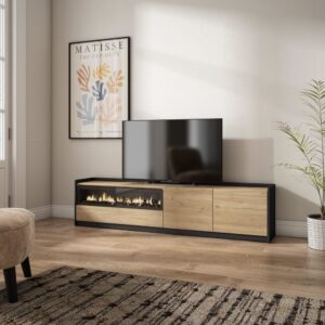 wohnli-moebel-suche-M26030179-1 TV-Möbel Holzeffekt eiche schwarz 208x37x50cm Kamin mit Feuereffekt 210x50x37cm Spanplatte Beige Skraut home Möbel Wohnzimmermöbel TV-Möbel