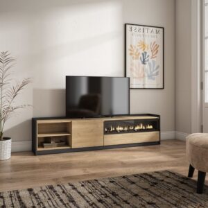 wohnli-moebel-suche-M26030182-1 TV-Möbel Holzeffekt eiche schwarz 208x37x50cm Kamin mit Feuereffekt 210x50x37cm Spanplatte Beige Skraut home Möbel Wohnzimmermöbel TV-Möbel