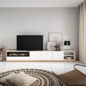 TV-Möbel Holzeffekt weiß dunkler eiche 310x37x50 Kamin mit Feuereffekt 310x50x37cm Spanplatte Weiß Skraut home Möbel Wohnzimmermöbel TV-Möbel
