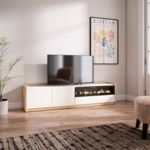 wohnli-moebel-suche-M26030187-1 TV-Möbel Holzeffekt weiß dunkler eiche 208x37x50 Kamin mit Feuereffekt 210x50x37cm Spanplatte Weiß Skraut home Möbel Wohnzimmermöbel TV-Möbel