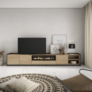 TV-Möbel Holzeffekt eiche schwarz 310x37x50cm Kamin mit Feuereffekt 310x50x37cm Spanplatte Beige Skraut home Möbel Wohnzimmermöbel TV-Möbel