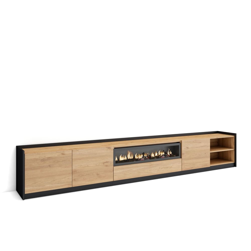 Wohnli Möbelsuche - TV-Möbel Holzeffekt eiche schwarz 310x37x50cm Kamin mit Feuereffekt
