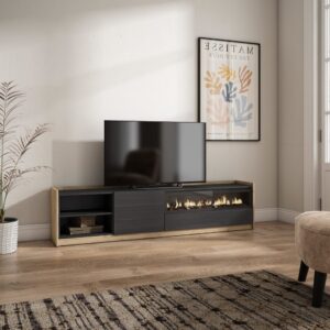 wohnli-moebel-suche-M26030198-1 TV-Möbel Holzeffekt schwarz eiche 208x37x50cm Kamin mit Feuereffekt 210x50x37cm Spanplatte Schwarz Skraut home Möbel Wohnzimmermöbel TV-Möbel