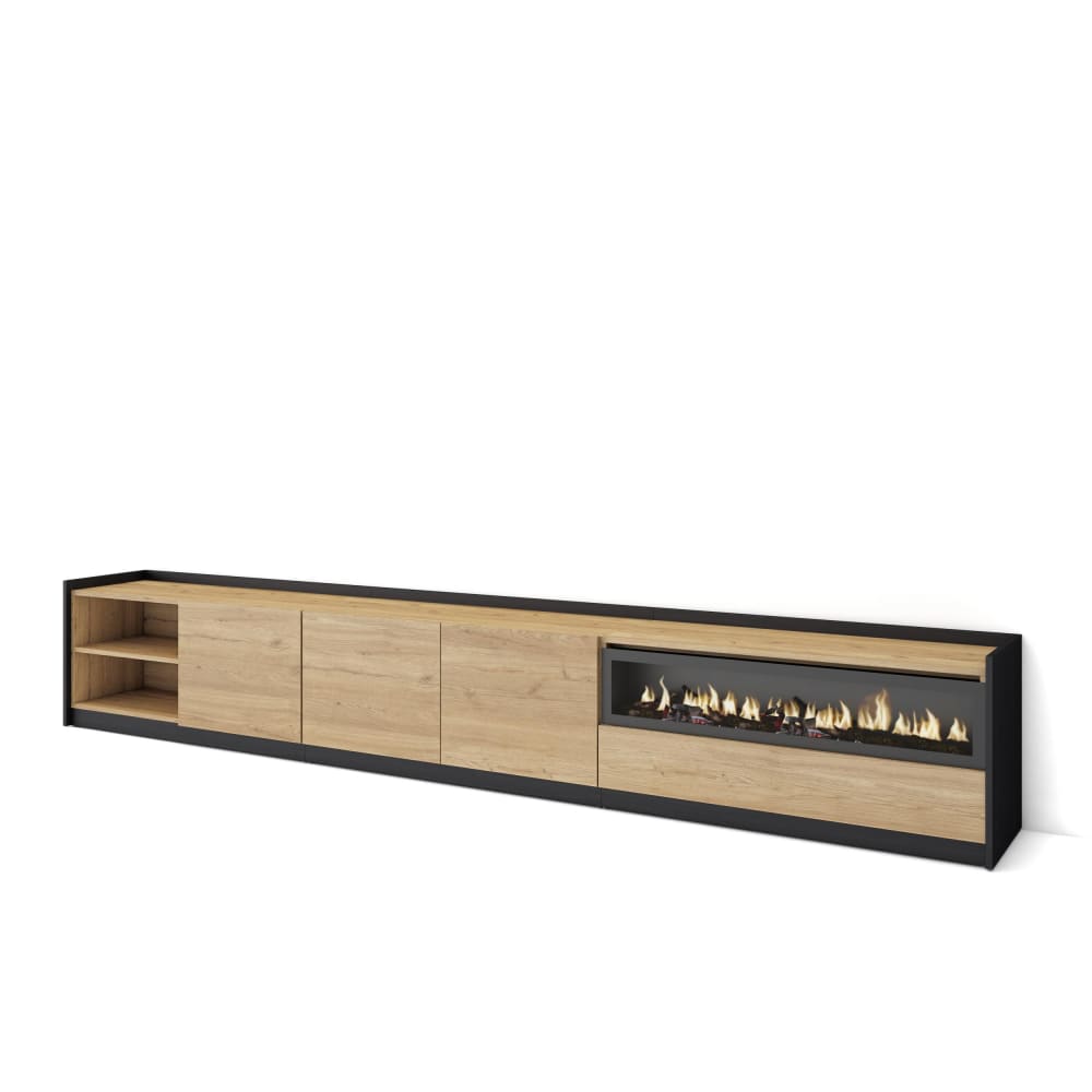 Wohnli Möbelsuche - TV-Möbel Holzeffekt eiche schwarz 310x37x50cm Kamin mit Feuereffekt