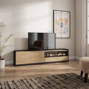 wohnli-moebel-suche-M26030210-1 TV-Möbel Holzeffekt eiche schwarz 208x37x50cm Kamin mit Feuereffekt 210x50x37cm Spanplatte Beige Skraut home Möbel Wohnzimmermöbel TV-Möbel