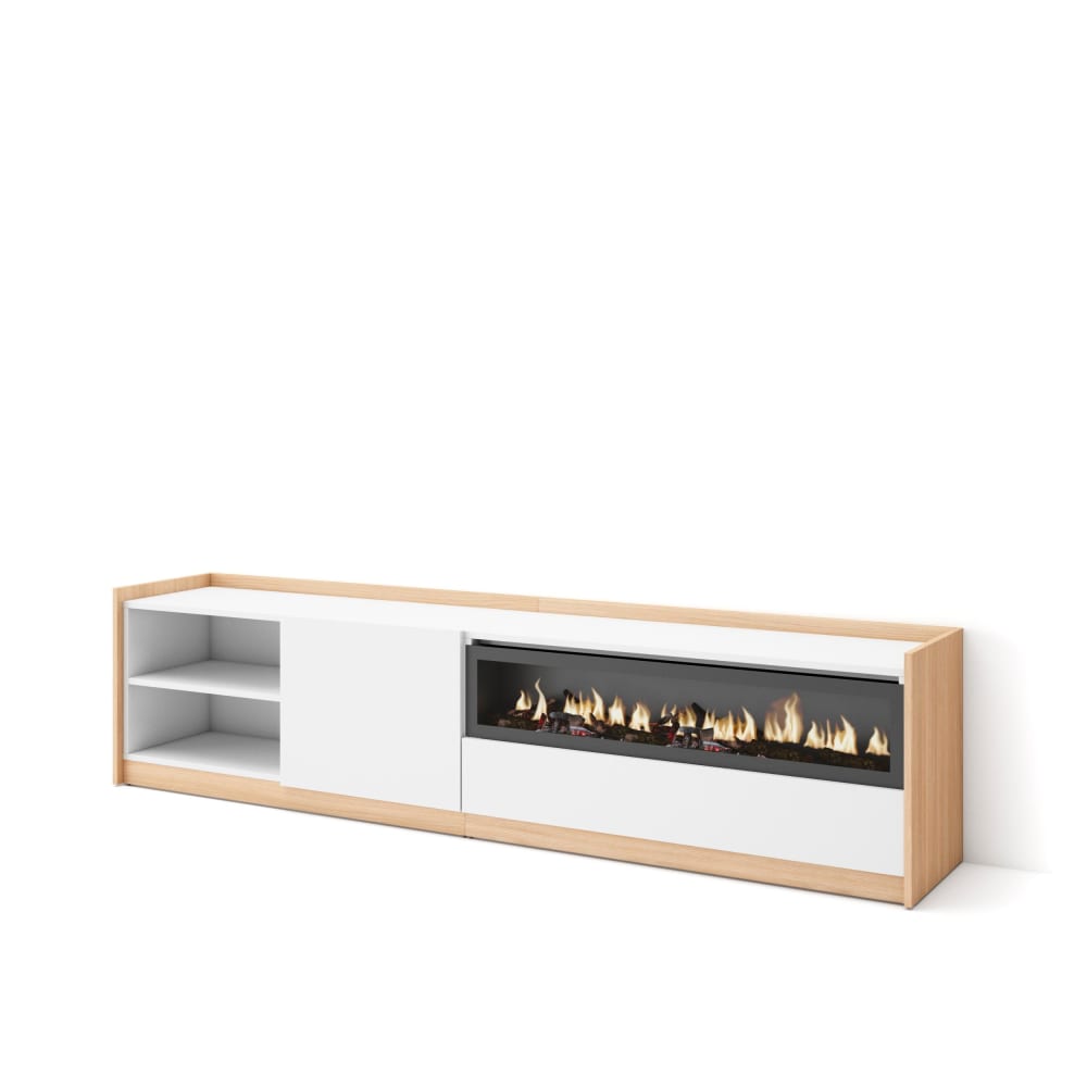 Wohnli Möbelsuche - TV-Möbel Holzeffekt weiß dunkler eiche 208x37x50 Kamin mit Feuereffekt