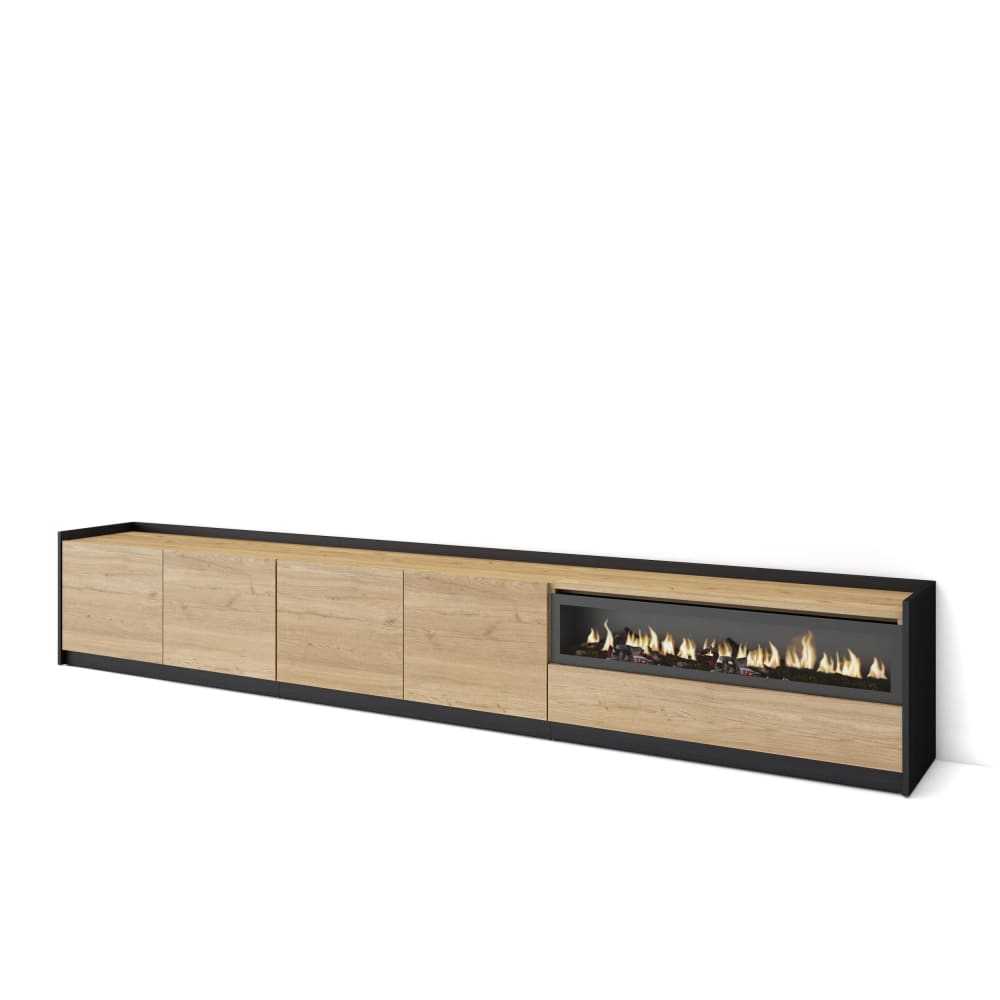 Wohnli Möbelsuche - TV-Möbel Holzeffekt eiche schwarz 310x37x50cm Kamin mit Feuereffekt