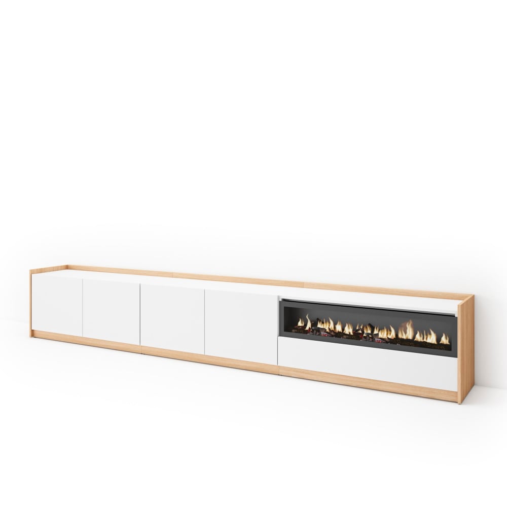 Wohnli Möbelsuche - TV-Möbel Holzeffekt weiß dunkler eiche 310x37x50 Kamin mit Feuereffekt