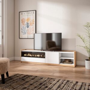 TV-Möbel Holzeffekt weiß dunkler eiche 208x37x50 Kamin mit Feuereffekt 210x50x37cm Spanplatte Weiß Skraut home Möbel Wohnzimmermöbel TV-Möbel