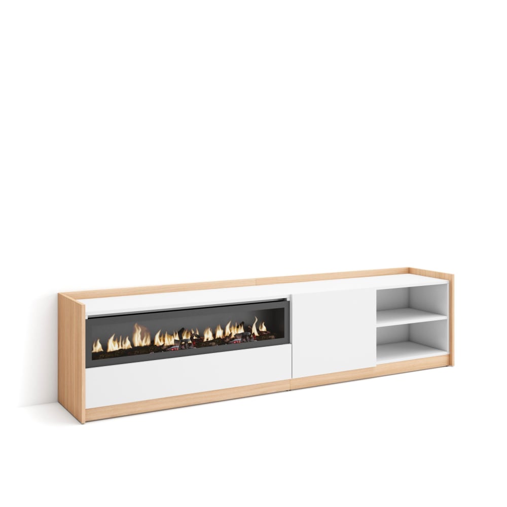 Wohnli Möbelsuche - TV-Möbel Holzeffekt weiß dunkler eiche 208x37x50 Kamin mit Feuereffekt