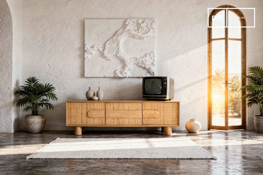 Sideboard aus hellem Holz und Rattan 150x45x45cm Holz Beige PIB Möbel Esszimmermöbel Sideboards, Highboards & niedrige Anrichten