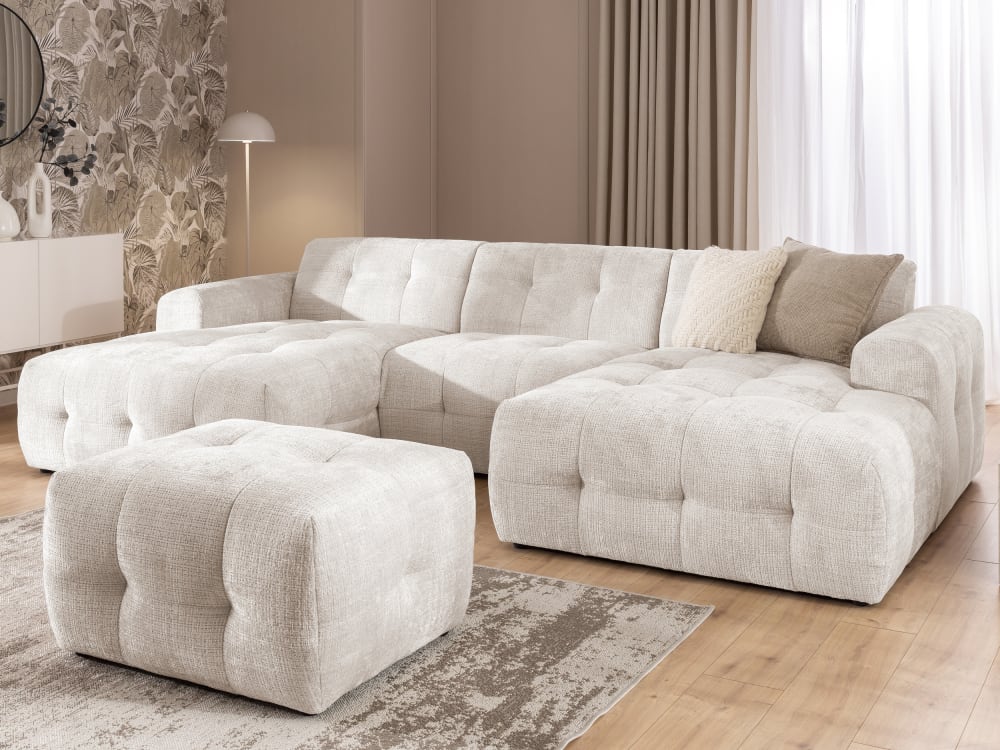 Wohnlandschaft und Hocker im Bumpy-Design mit Schlaffunktion 161x79x323cm Holz Beige S-Style Sofas und Sessel Sofas Wohnlandschaften